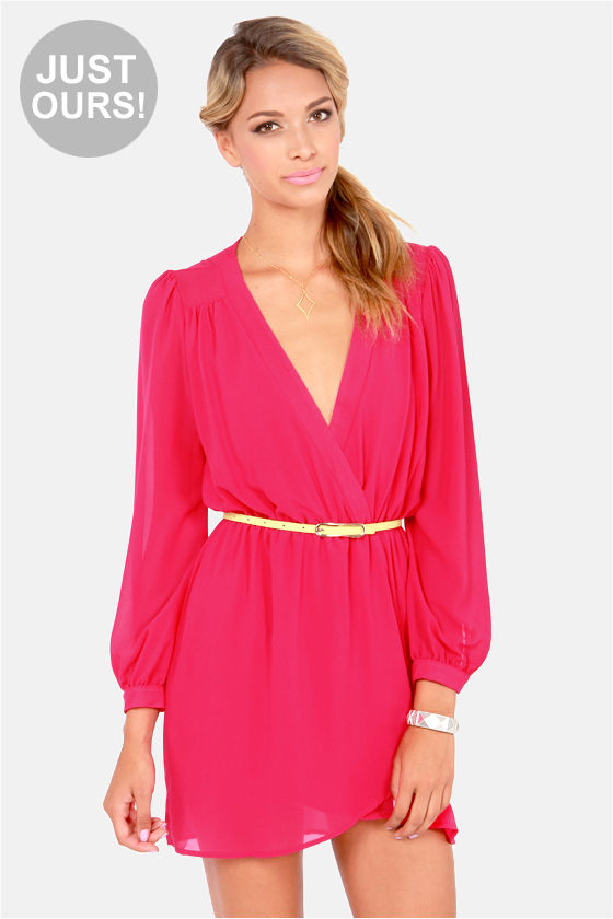 Stylish Fuchsia Dress - Wrap Dress - Long Sleeve Dress - $47.00 - Lulus
